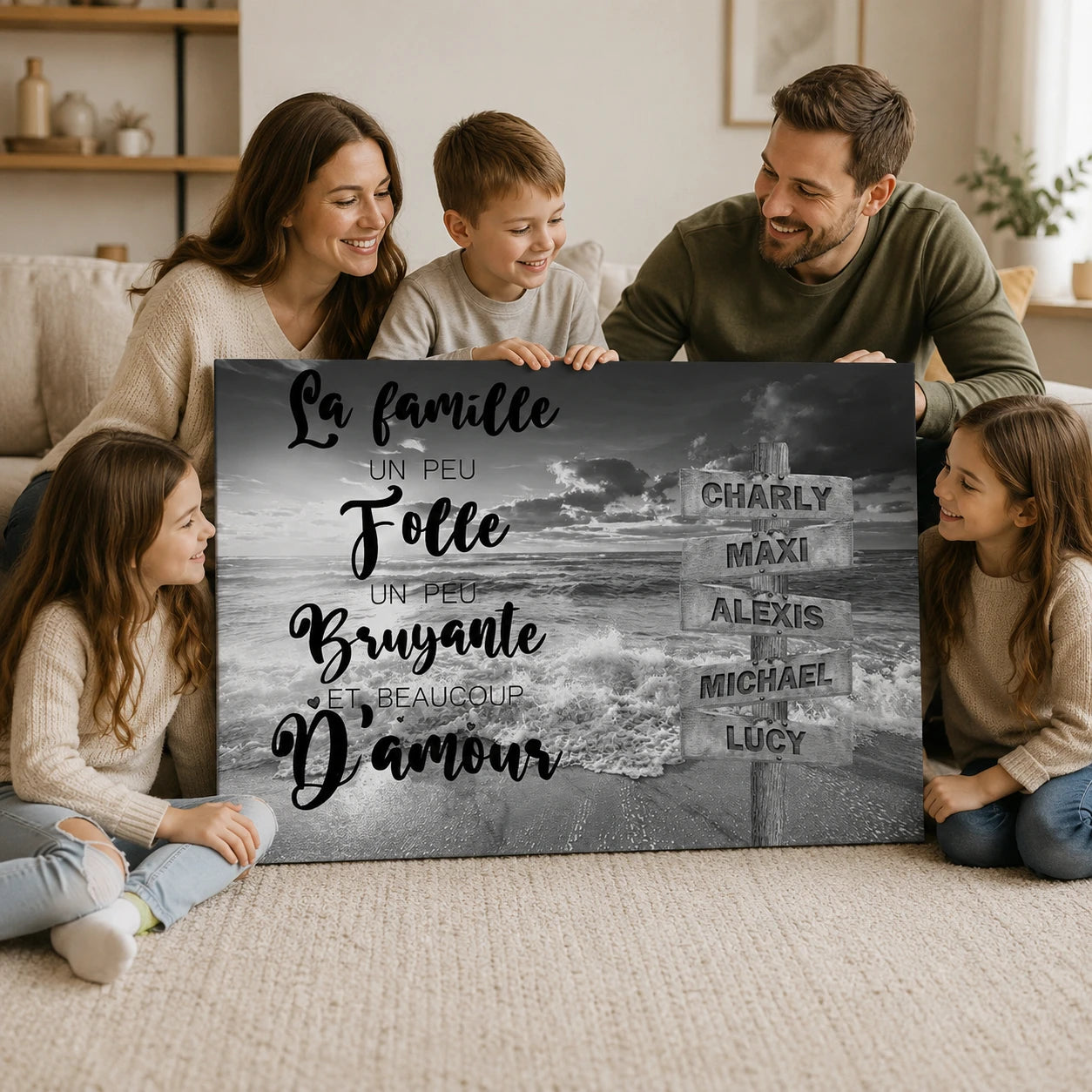 Tableau famille personnalisé avec prénoms sur panneaux en bois
