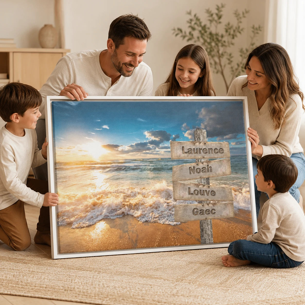 Tableau famille plage avec cadre flottant blanc