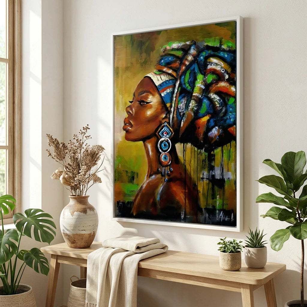 Tableau femme africaine avec coiffe bleue verte et dorée