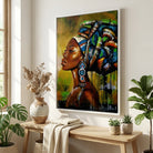Tableau femme africaine avec coiffe bleue verte et dorée