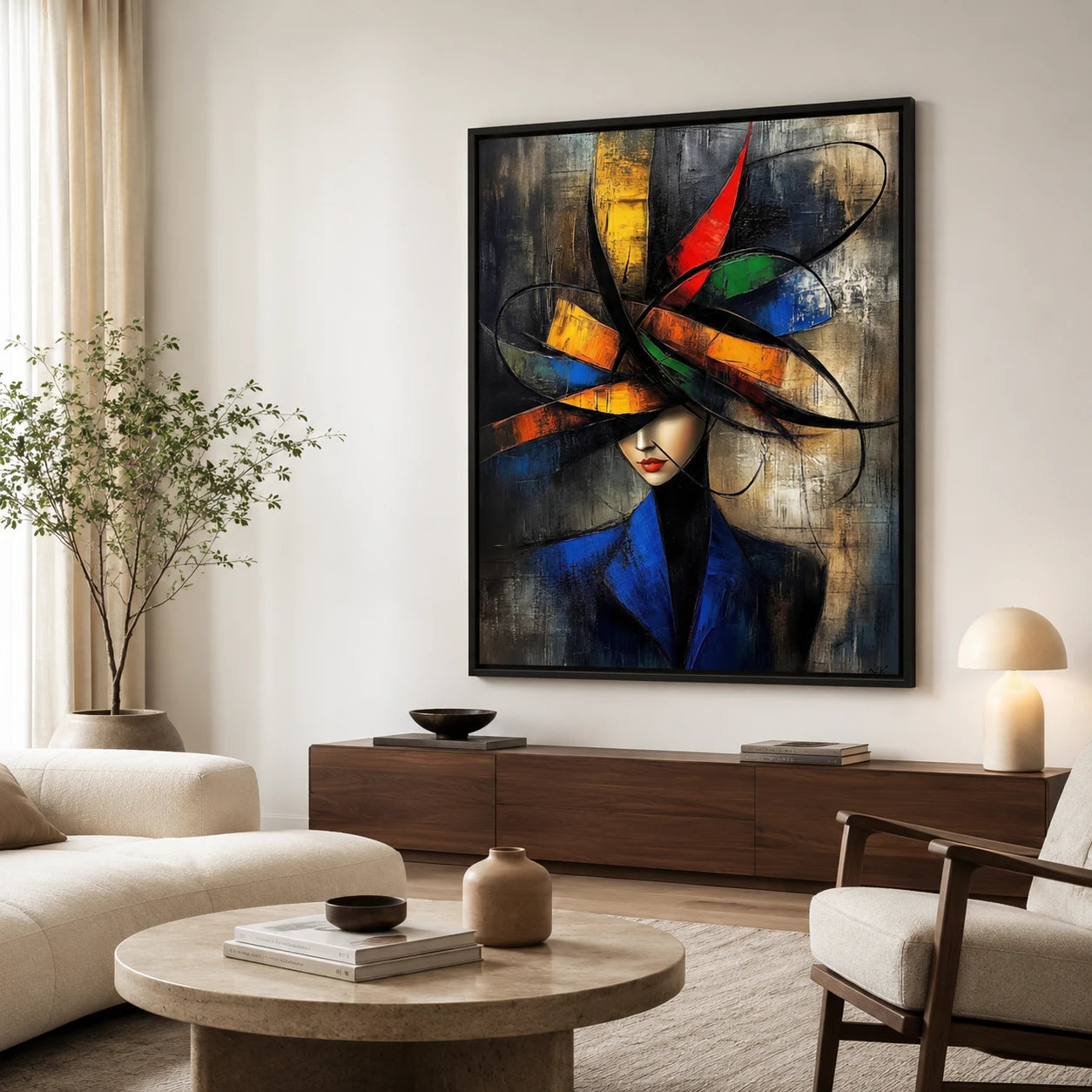 Tableau femme au chapeau coloré bleu rouge jaune et vert