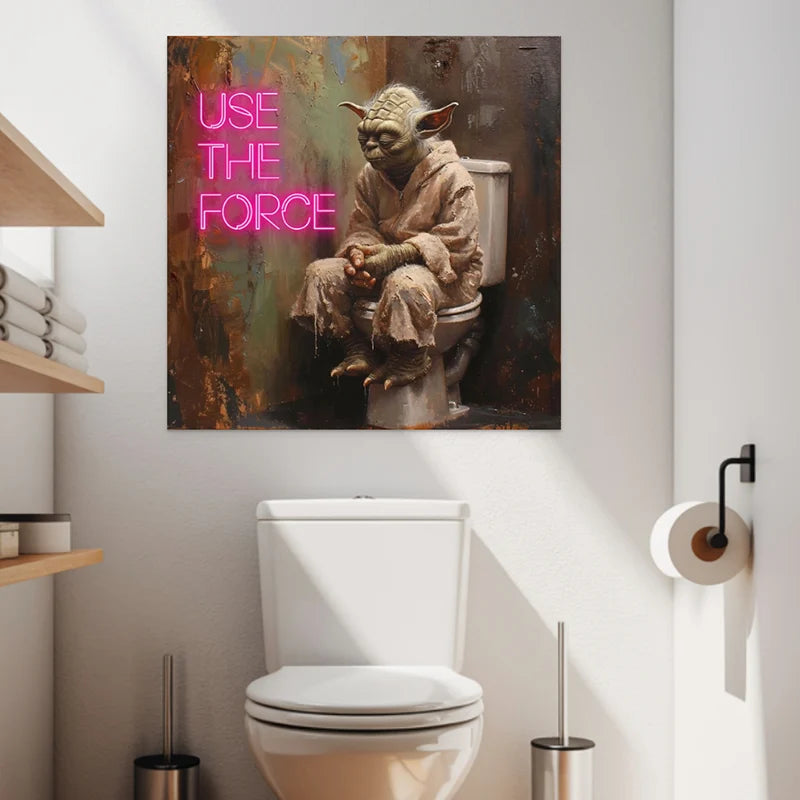 Tableau geek Yoda sur toilettes avec citation Use The Force