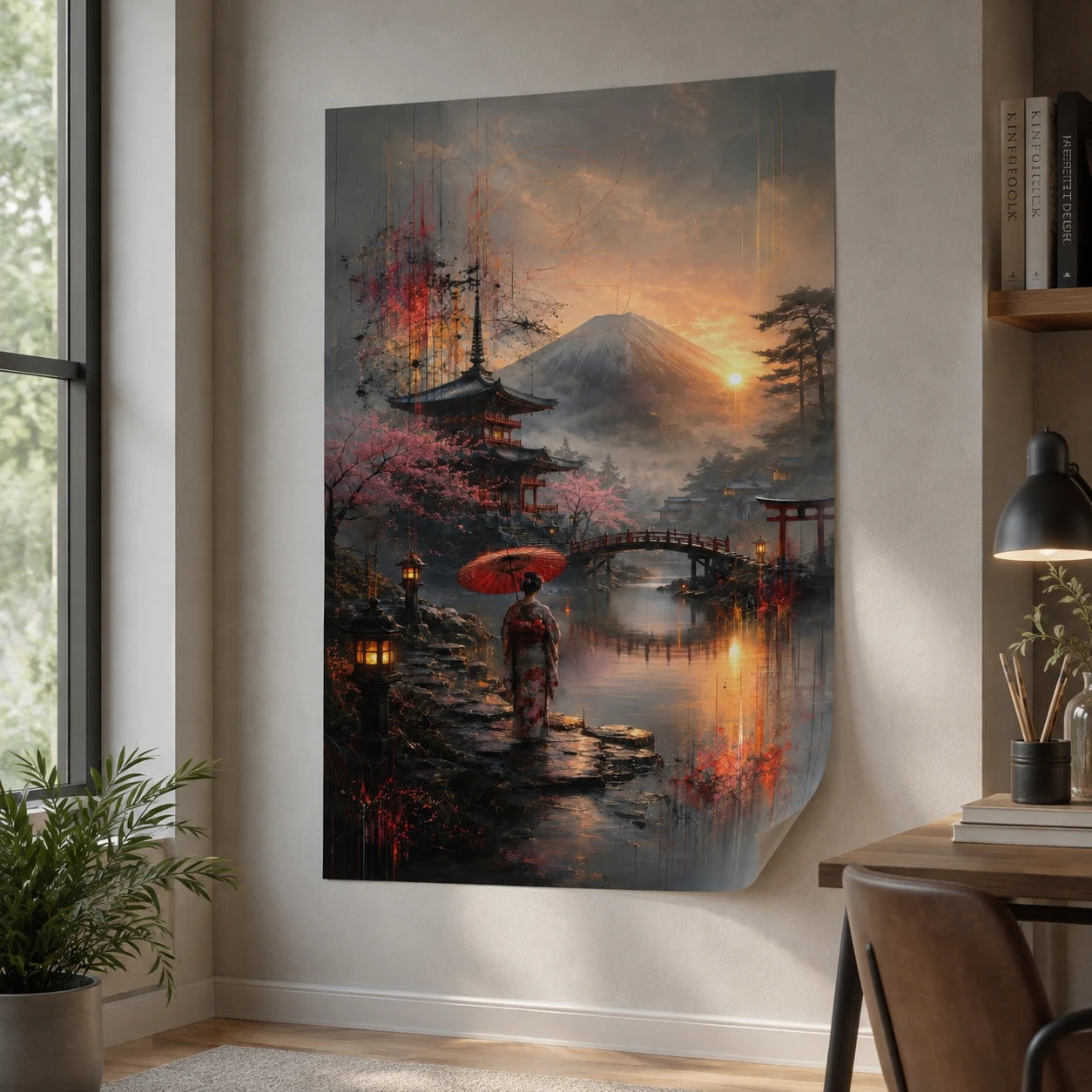 Tableau geisha avec ombrelle rouge au Japon