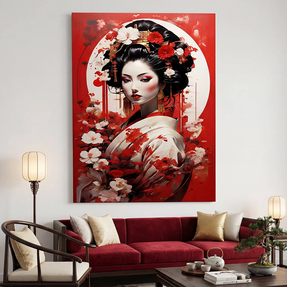 Tableau geisha japonaise rouge et blanc art moderne