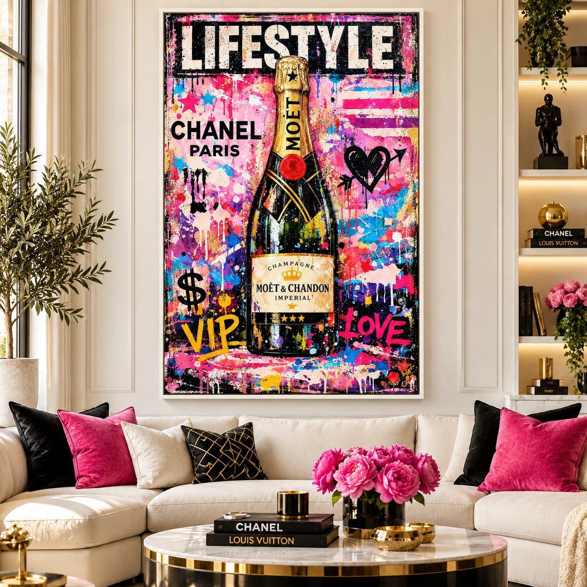 Tableau graffiti champagne rose, bleu et noir pour intérieur moderne