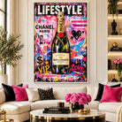 Tableau graffiti champagne rose, bleu et noir pour intérieur moderne
