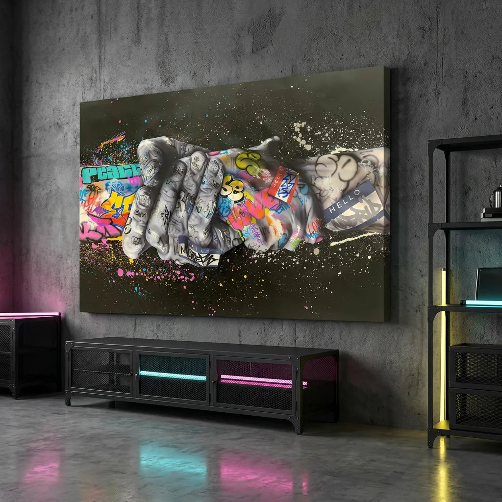 Tableau graffiti mains colorées sur fond sombre