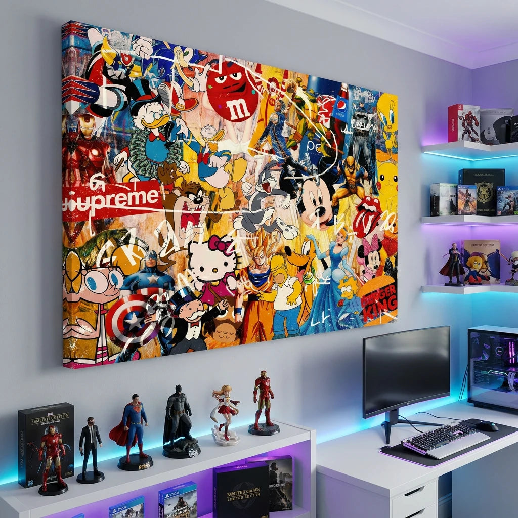 Tableau graffiti pop culture avec univers comics et personnages animés