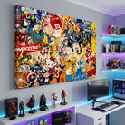 Tableau graffiti pop culture avec univers comics et personnages animés