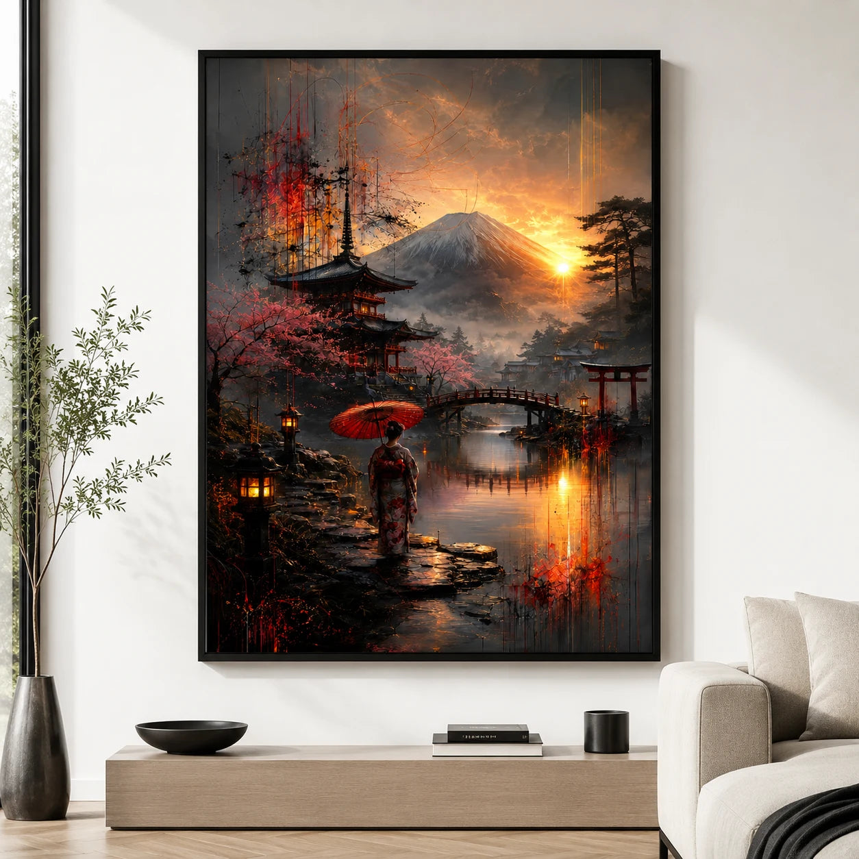 Tableau japonais coucher de soleil sur le Mont Fuji