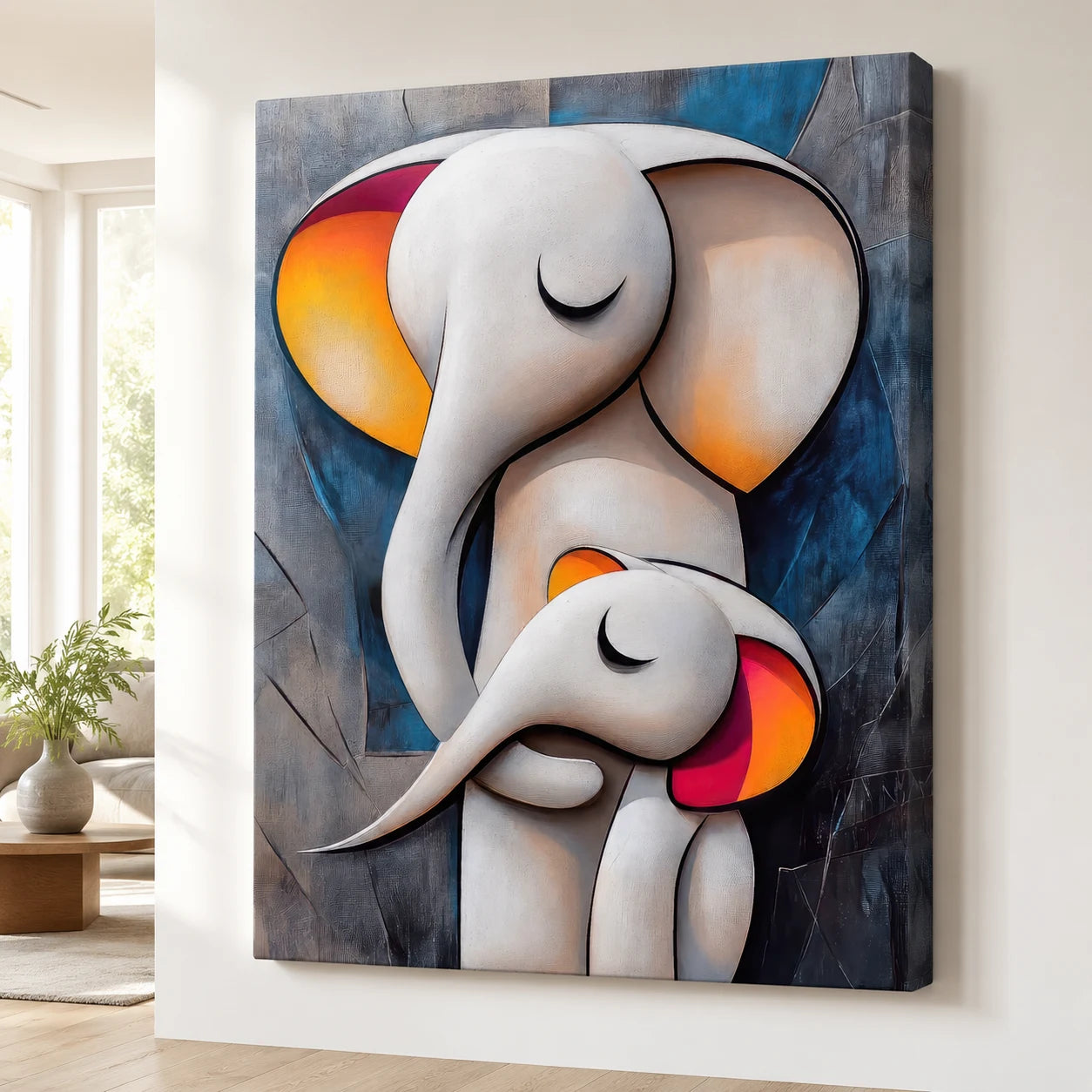 Tableau éléphant maman et bébé abstrait