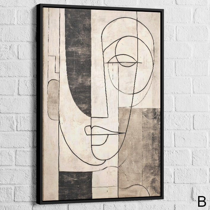 Tableau line art cadre noir – visage abstrait contemporain