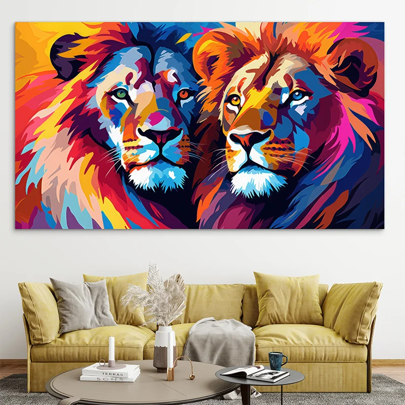 Tableau lion coloré en style pop art - Frères de Flamme

