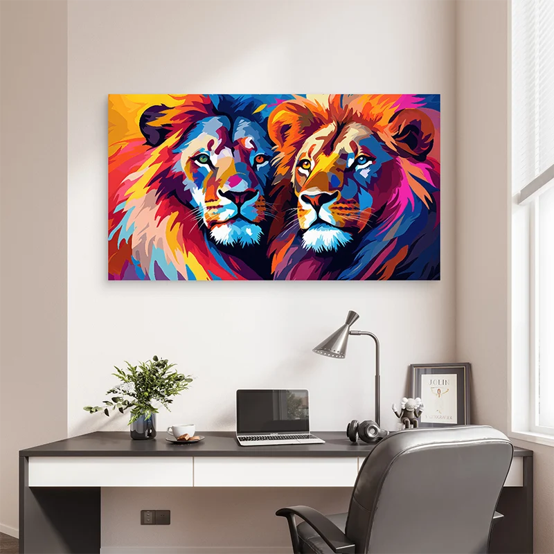 Tableau lion style graphique avec couleurs vives


