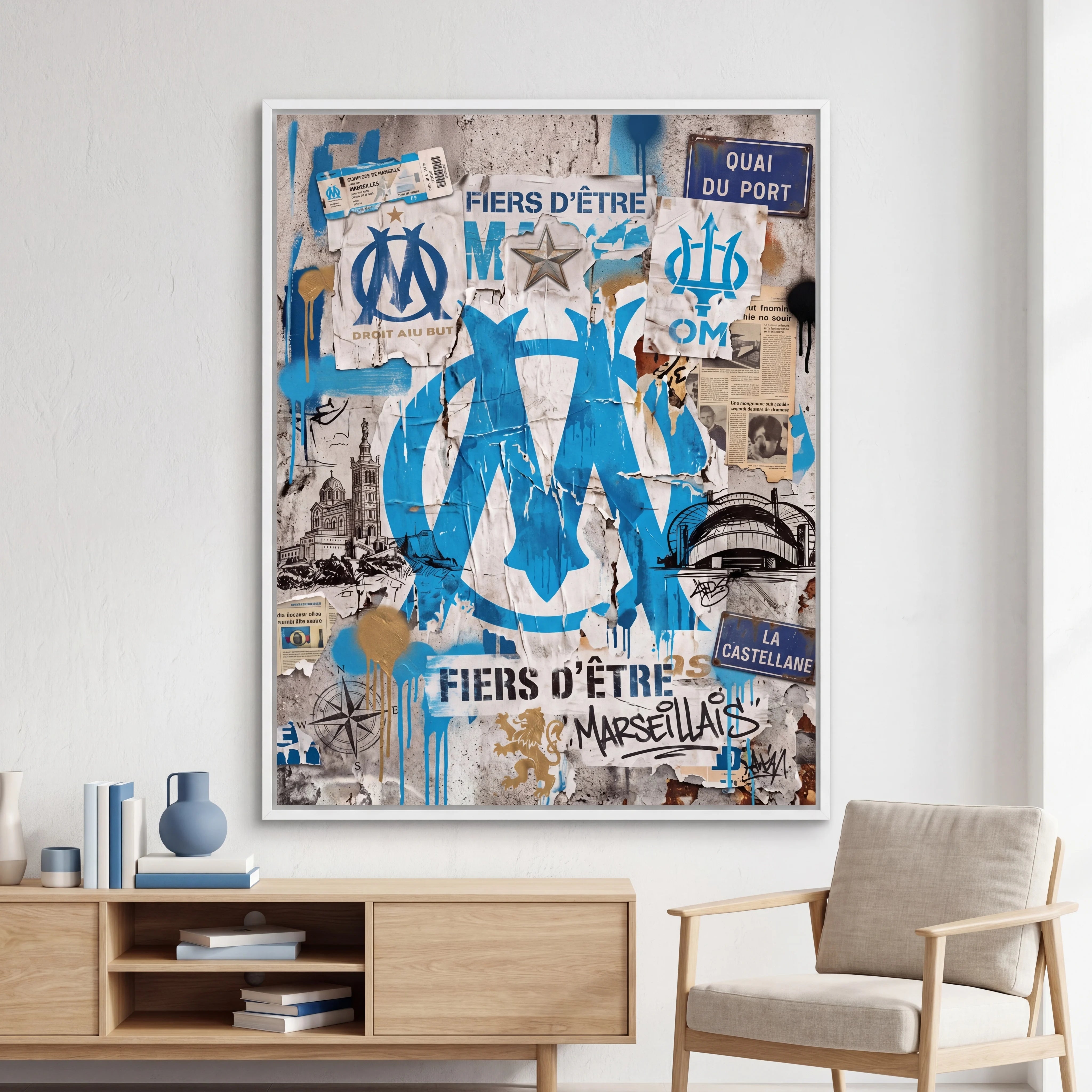 Tableau logo OM bleu et blanc effet graffiti