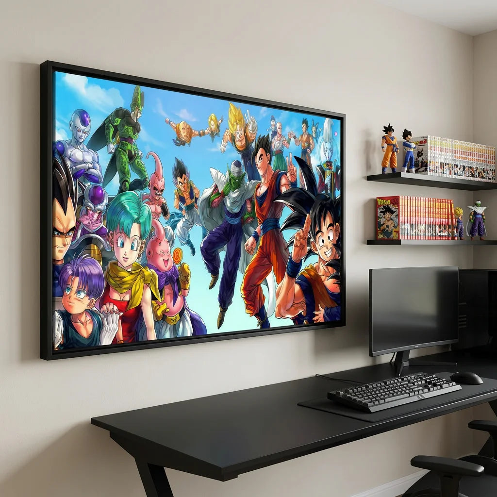 Tableau manga Dragon Ball avec héros et personnages emblématiques