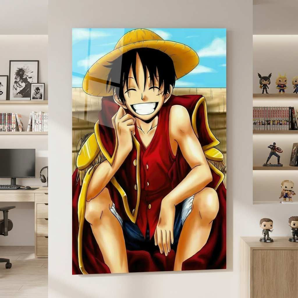 Tableau manga Luffy avec chapeau jaune et veste rouge