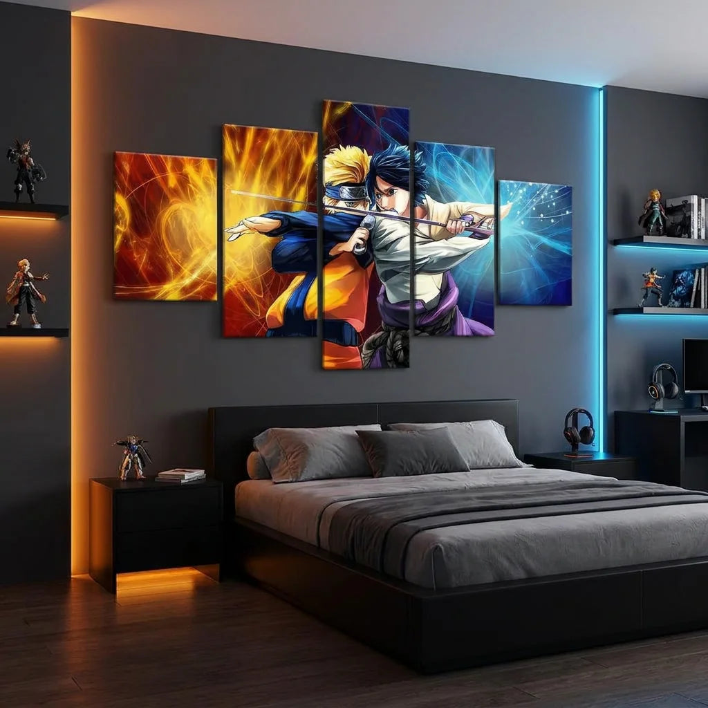Tableau manga Naruto avec duel orange et bleu