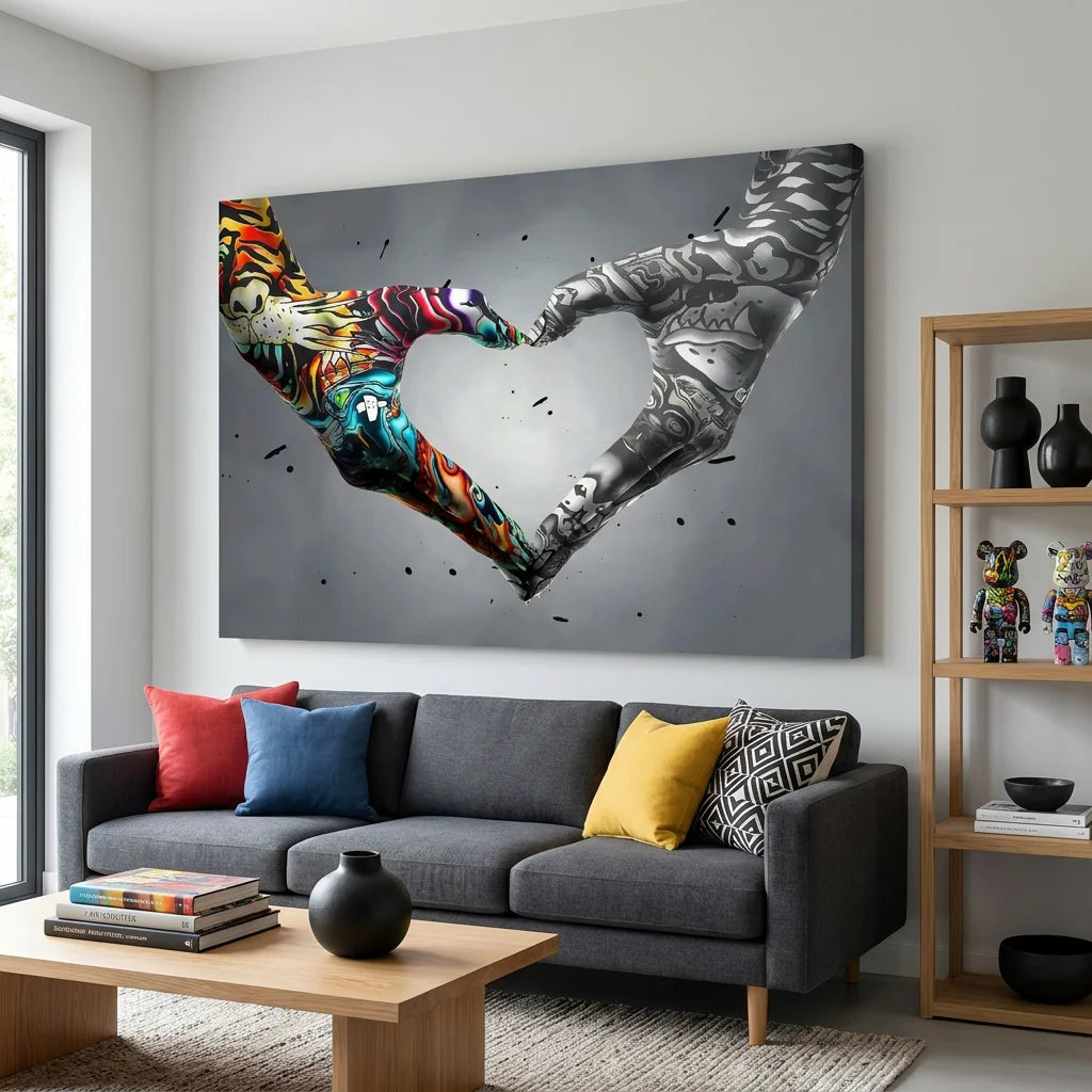 Tableau mural cœur avec mains colorées et noir blanc
