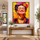 Tableau mural coloré inspiré de Frida Kahlo avec fleurs roses et rouges