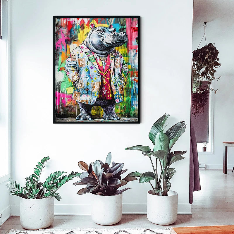 Tableau mural moderne – hippo business fond graffiti multicolore