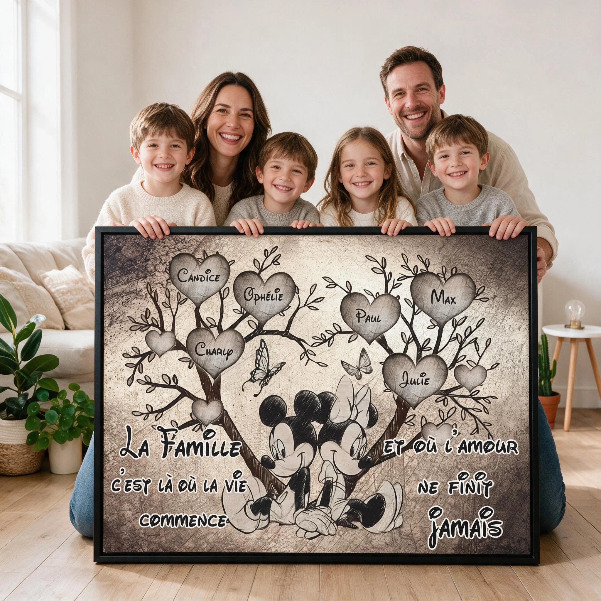 Tableau personnalisé familial avec cadre flottant noir