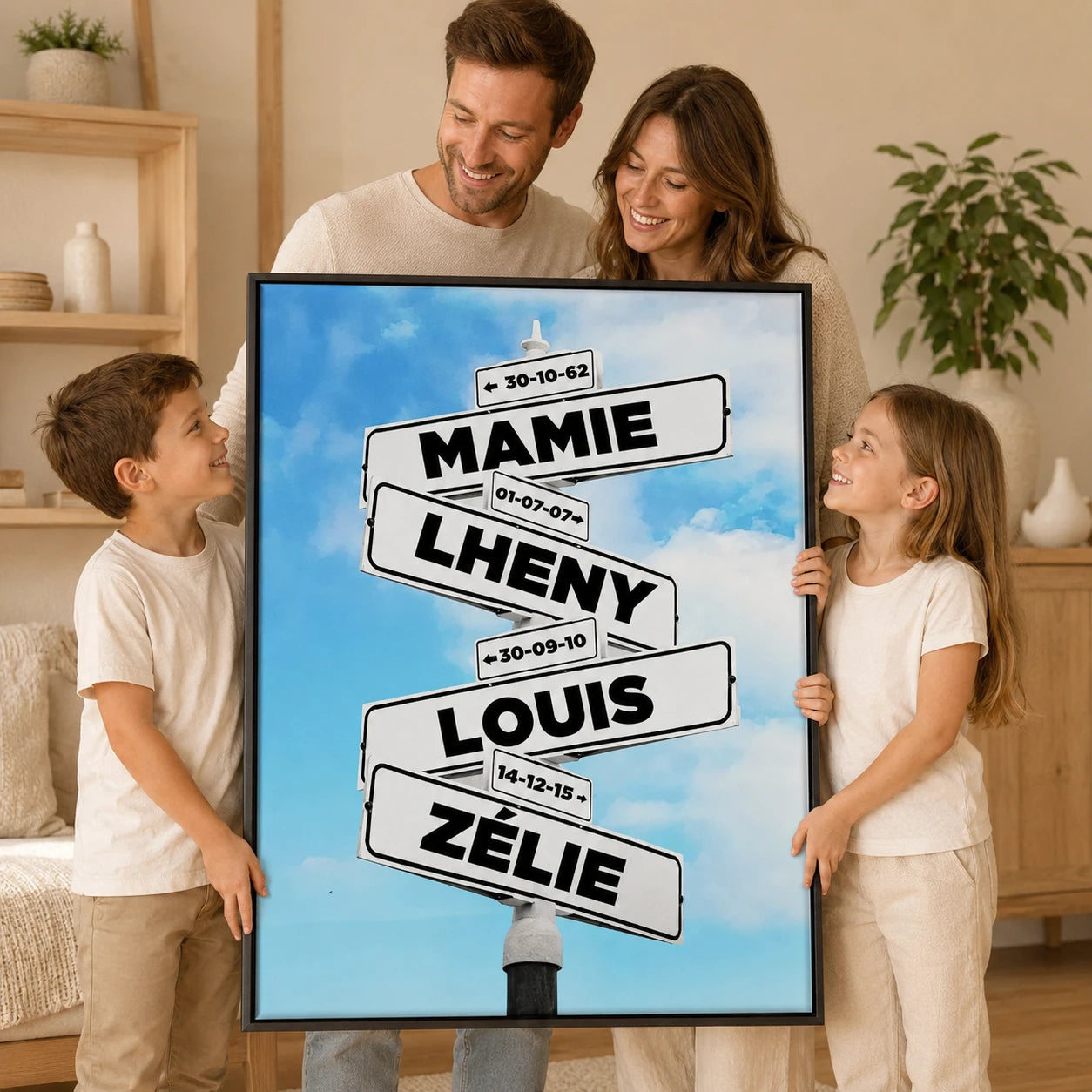 Tableau personnalisé prénoms avec cadre flottant noir