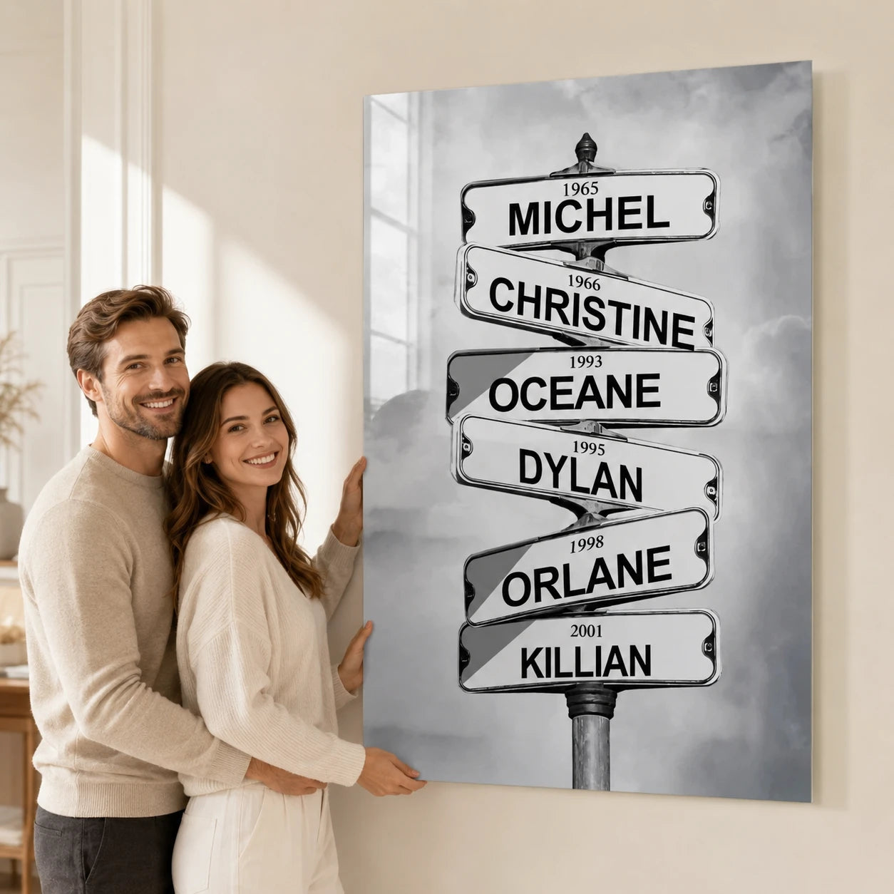Tableau personnalisé vertical avec prénoms Michel Christine Oceane Dylan Orlane Killian
