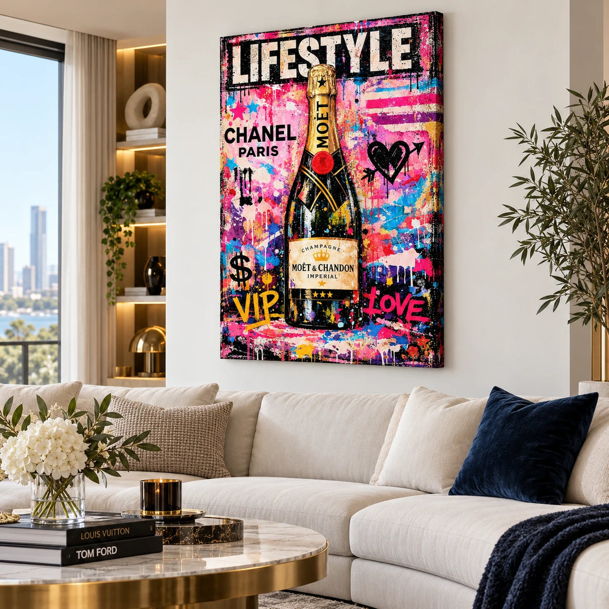 Tableau pop art représentant une bouteille de champagne dorée