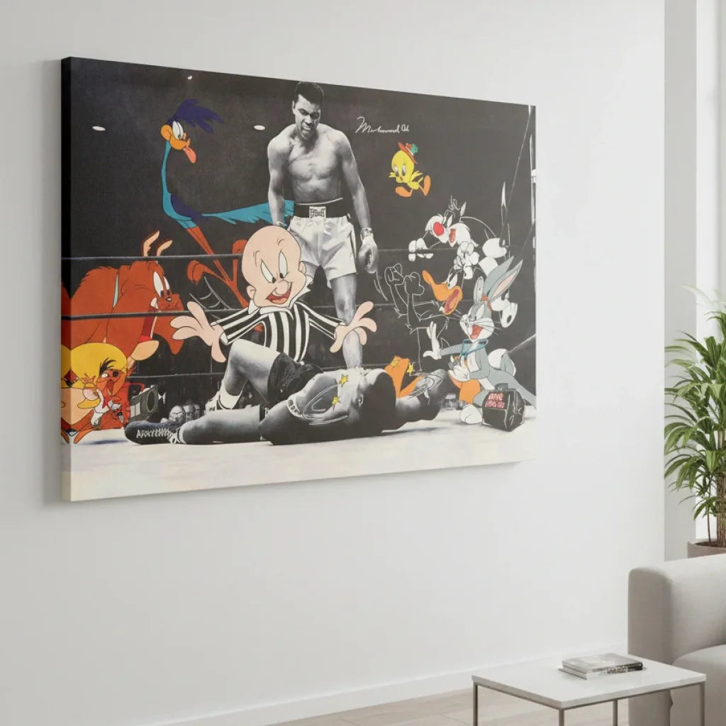Tableau pop culture boxe ambiance ring noir et blanc avec touches colorées