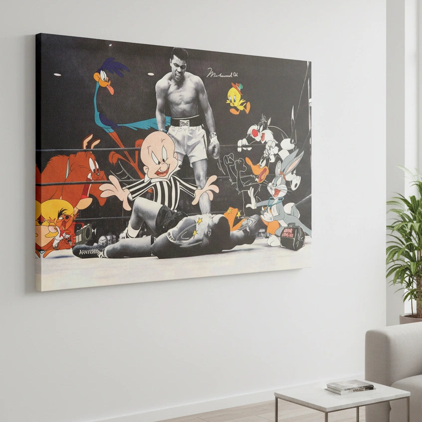 Tableau pop culture boxe ambiance ring noir et blanc avec touches colorées