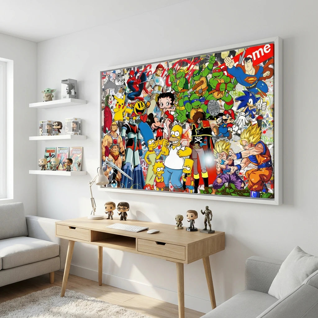 Tableau pop culture street art avec héros manga comics et cartoons