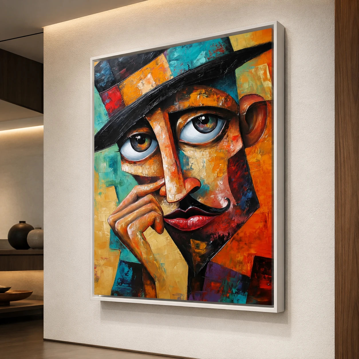 Tableau portrait abstrait avec cadre flottant blanc dans un intérieur lumineux