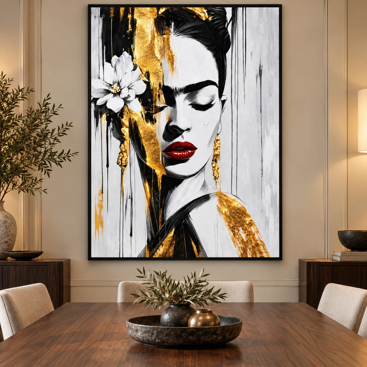 Tableau portrait de Frida Kahlo en noir et blanc avec des détails dorés et des lèvres rouges
