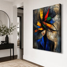 Tableau portrait féminin abstrait avec veste bleu profond