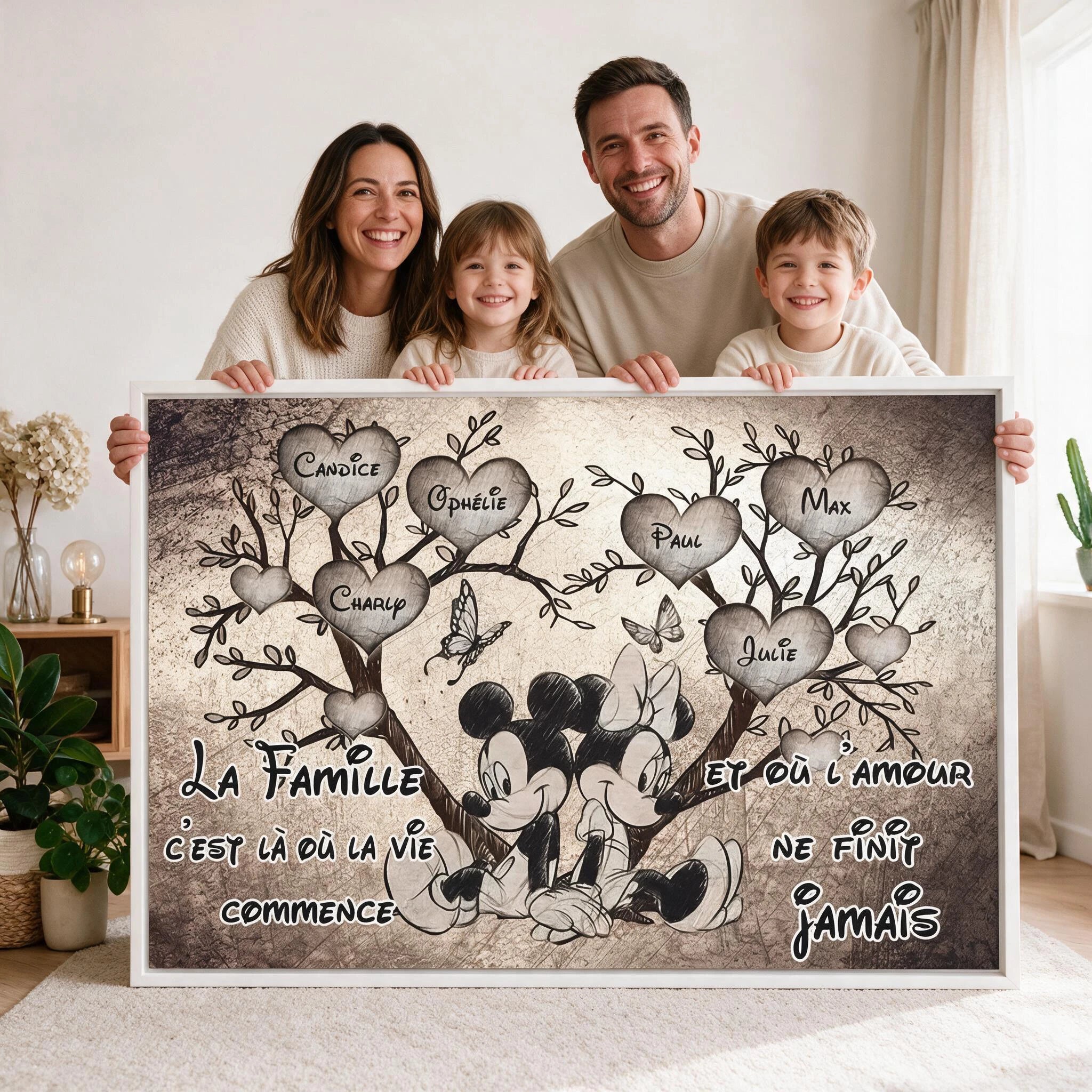 Tableau prénoms famille avec cadre flottant blanc