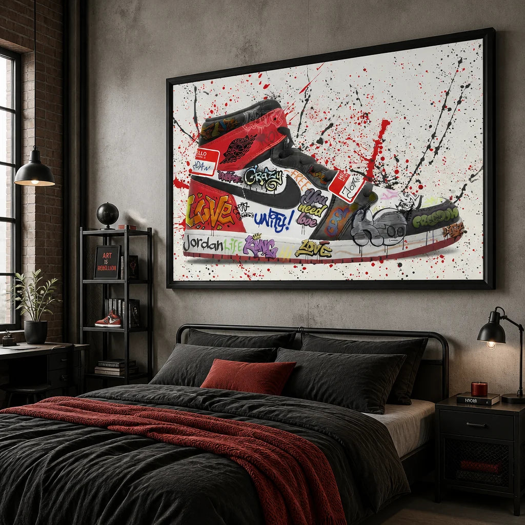 Tableau sneaker street art avec chaussure rouge et noire