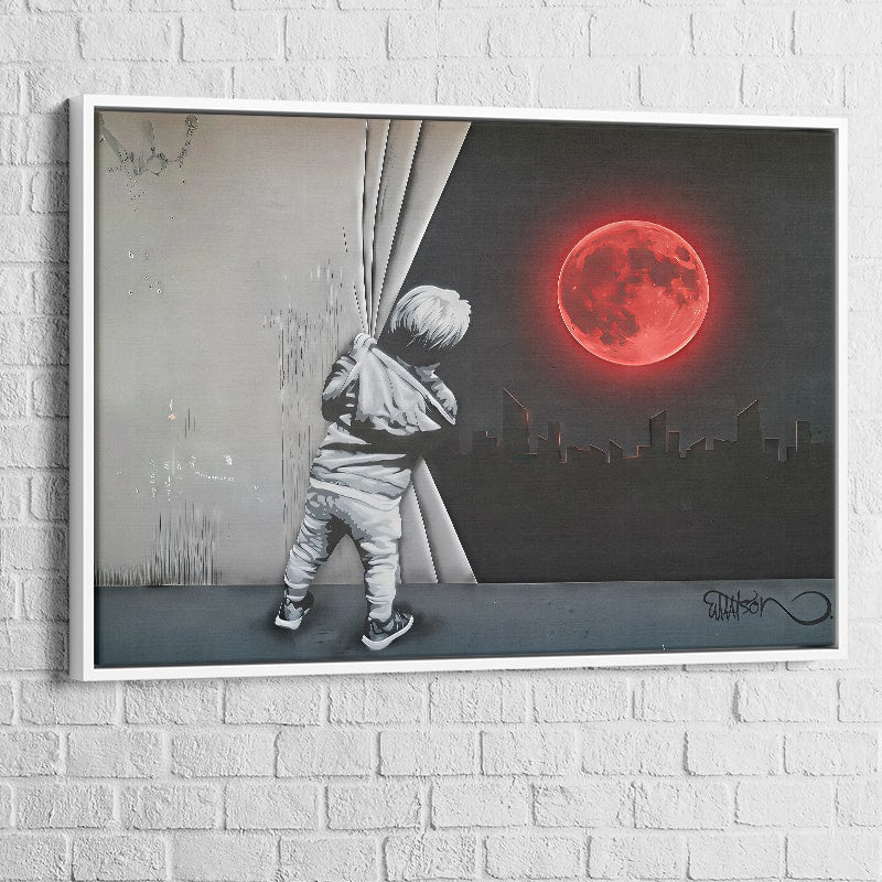 Tableau street art – L’Enfant et la Lune Rouge, cadre blanc