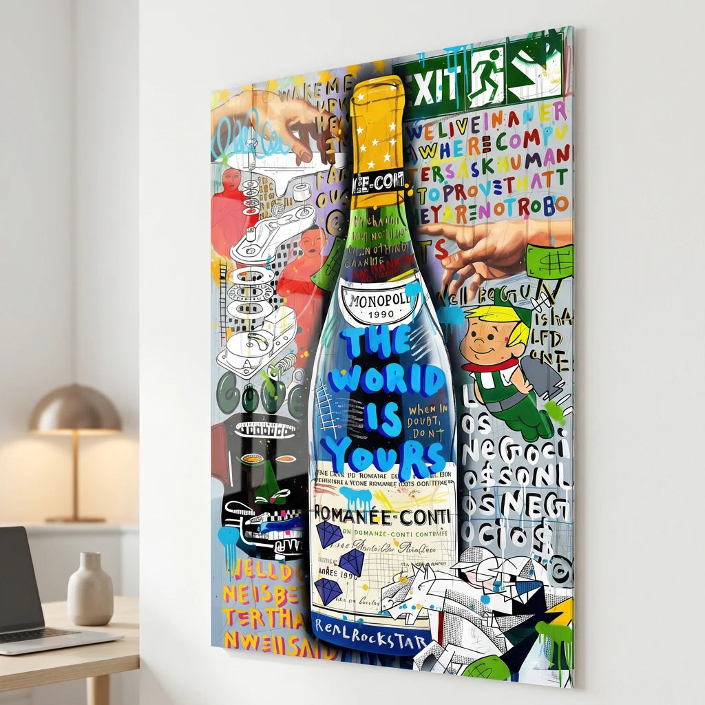 Tableau street art bouteille Romanée-Conti, déco murale luxe et colorée