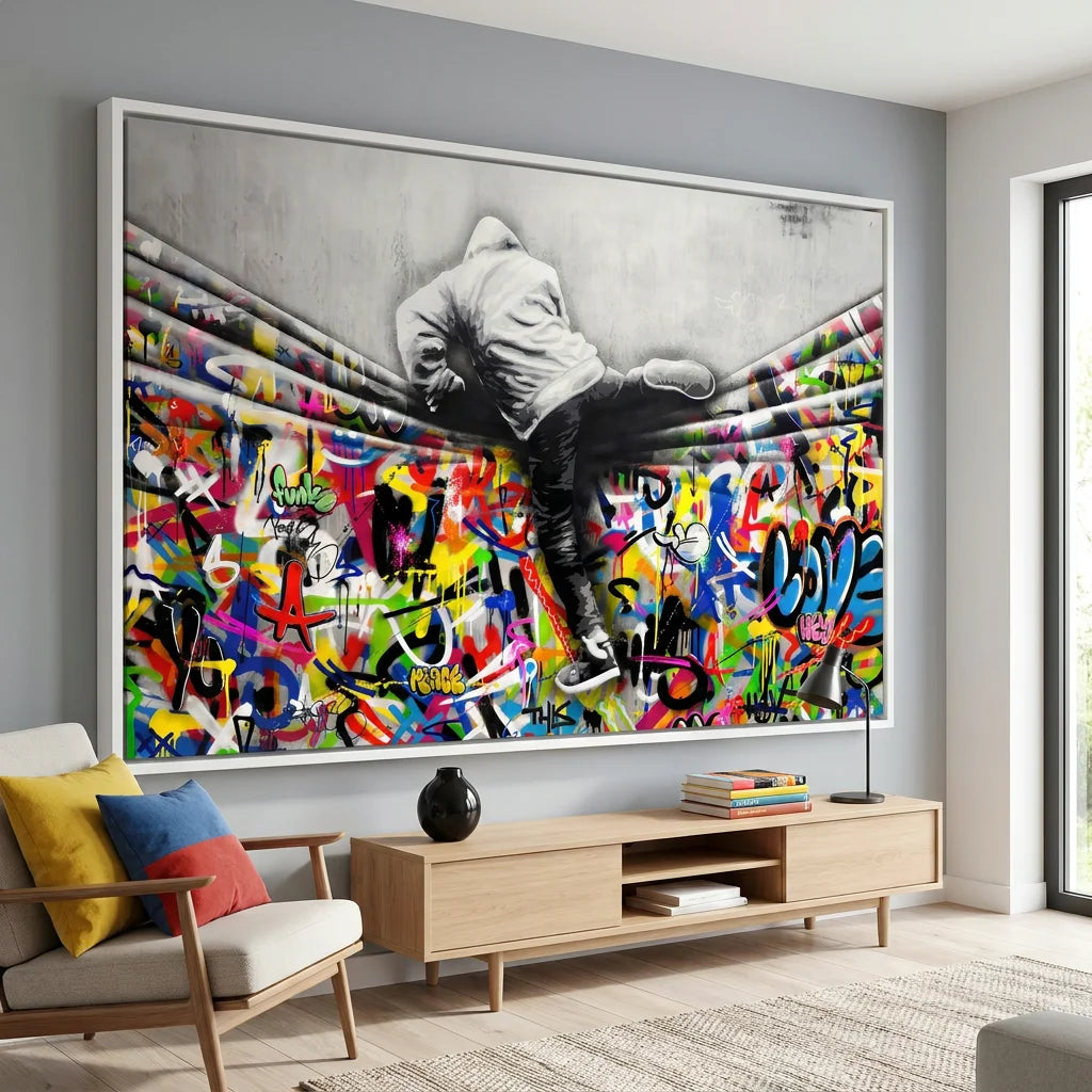 Tableau street art enfant devant un mur de graffitis