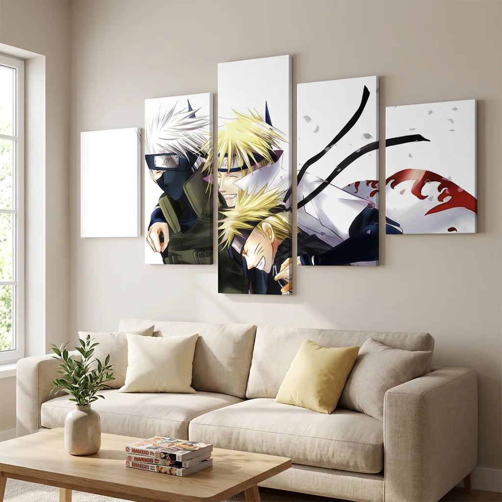 Tableau toile Naruto 5 parties avec Naruto enfant, Minato et Kakashi