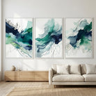 Tableau triptyque abstrait aquarelle bleu océan et vert sauge style minimaliste