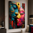 Tableau visages asiatiques turquoise et fuchsia dans un salon moderne
