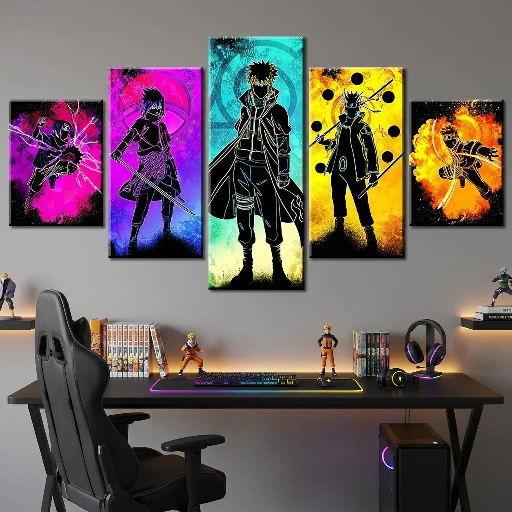 Toile Naruto 5 panneaux Éclats de Ninjas pour décoration murale manga