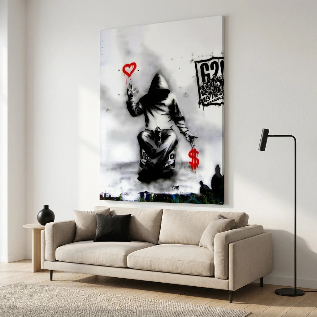 Toile murale Banksy Love Over Money ambiance urbaine