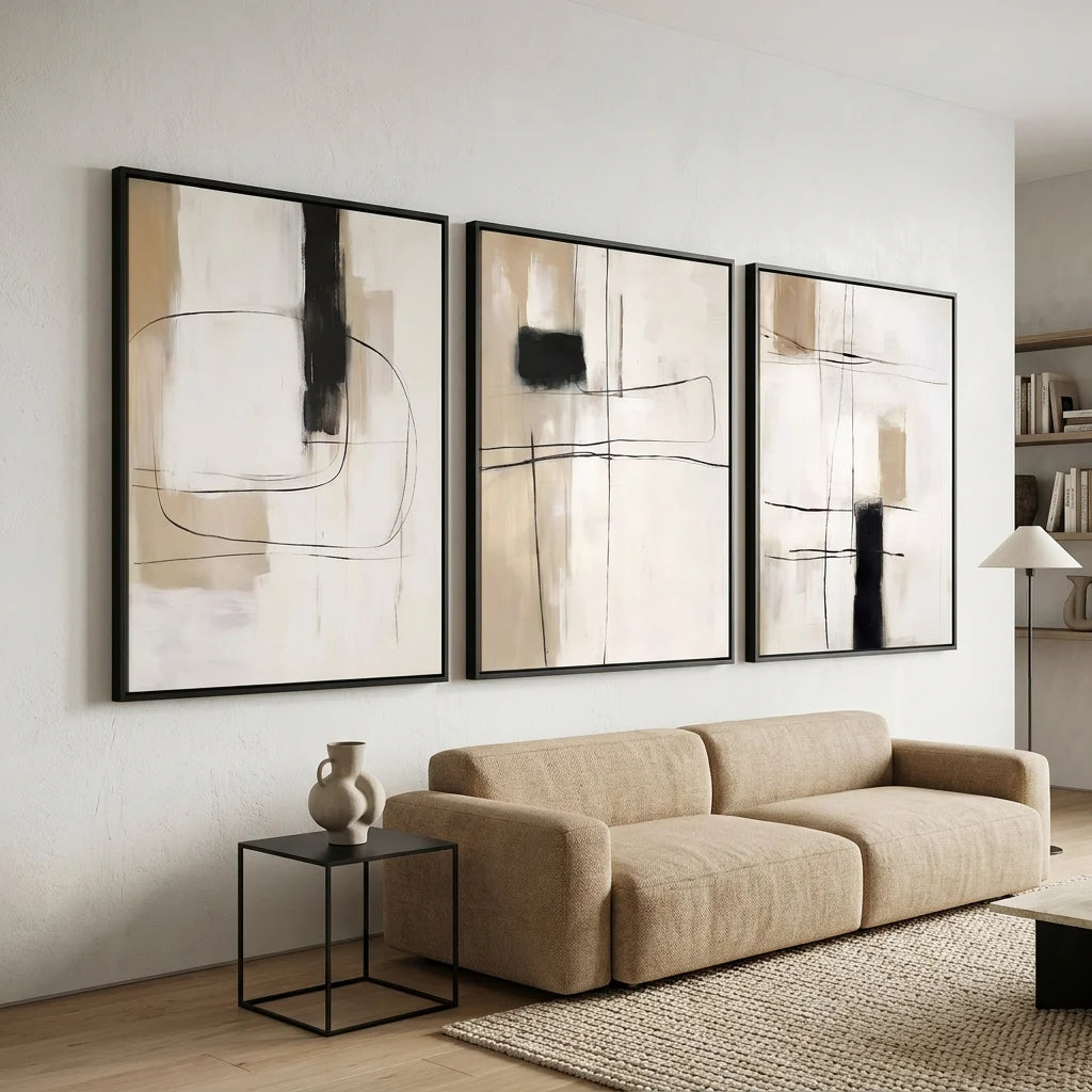 Triptyque abstrait minimaliste beige et noir pour décoration murale moderne