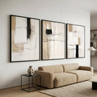 Triptyque abstrait minimaliste beige et noir pour décoration murale moderne