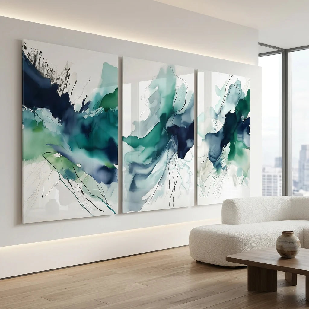Triptyque abstrait moderne bleu et vert émeraude pour décoration murale contemporaine