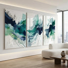 Triptyque abstrait moderne bleu et vert émeraude pour décoration murale contemporaine