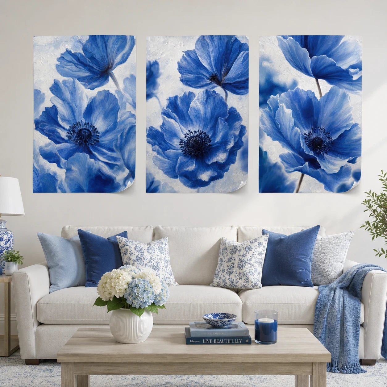 Triptyque fleurs bleues en acrylique brillant